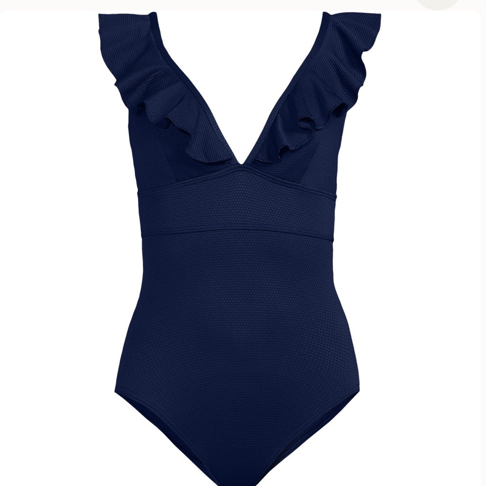 Lands' End Pique Ruffle One Piece Swimsuit Navy - Picture 4 of 5